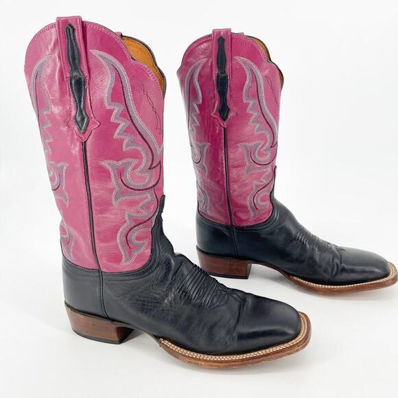 Lucchese Black Mauve Colorblock Square Toe Low Heel Western Cowgirl Boot size 10 - Picture 1 of 11